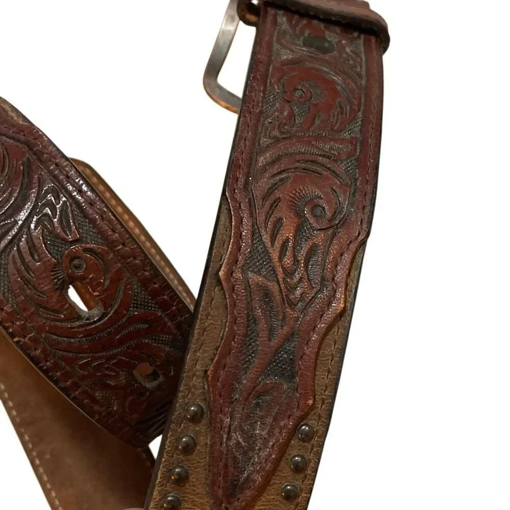 3D Belt Vintage Kids Leather Hand Tooled/Studded Copper Buckle Belt